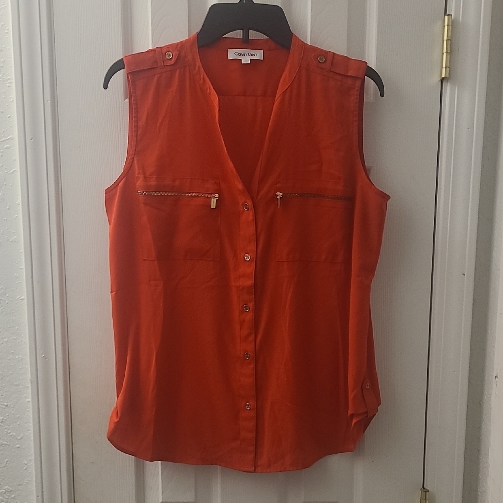 Calvin Klein Orange Sleeveless Button Down Blouse